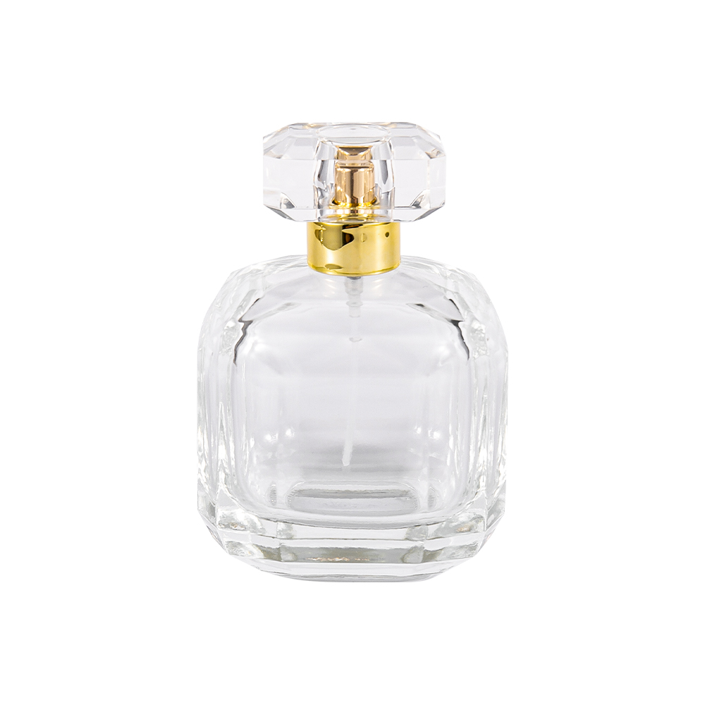 بطری عطر شیشه ای شفاف GC3898-WJ2005 100ML با درپوش اکریلیک Surlyn و گردن طلایی براق