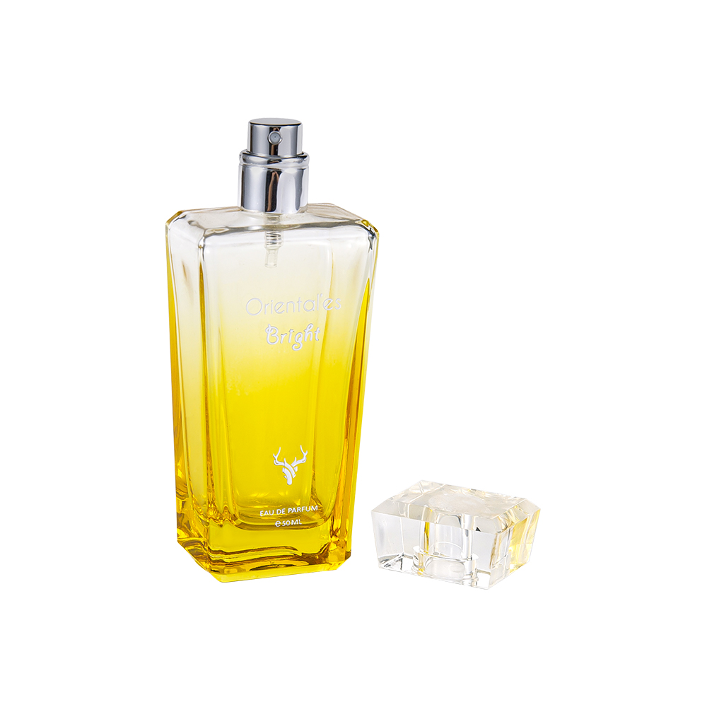 بطری عطر شیشه ای زرد با پوشش گرادیان KY100-WJ64 50ML با درپوش رزین K شفاف