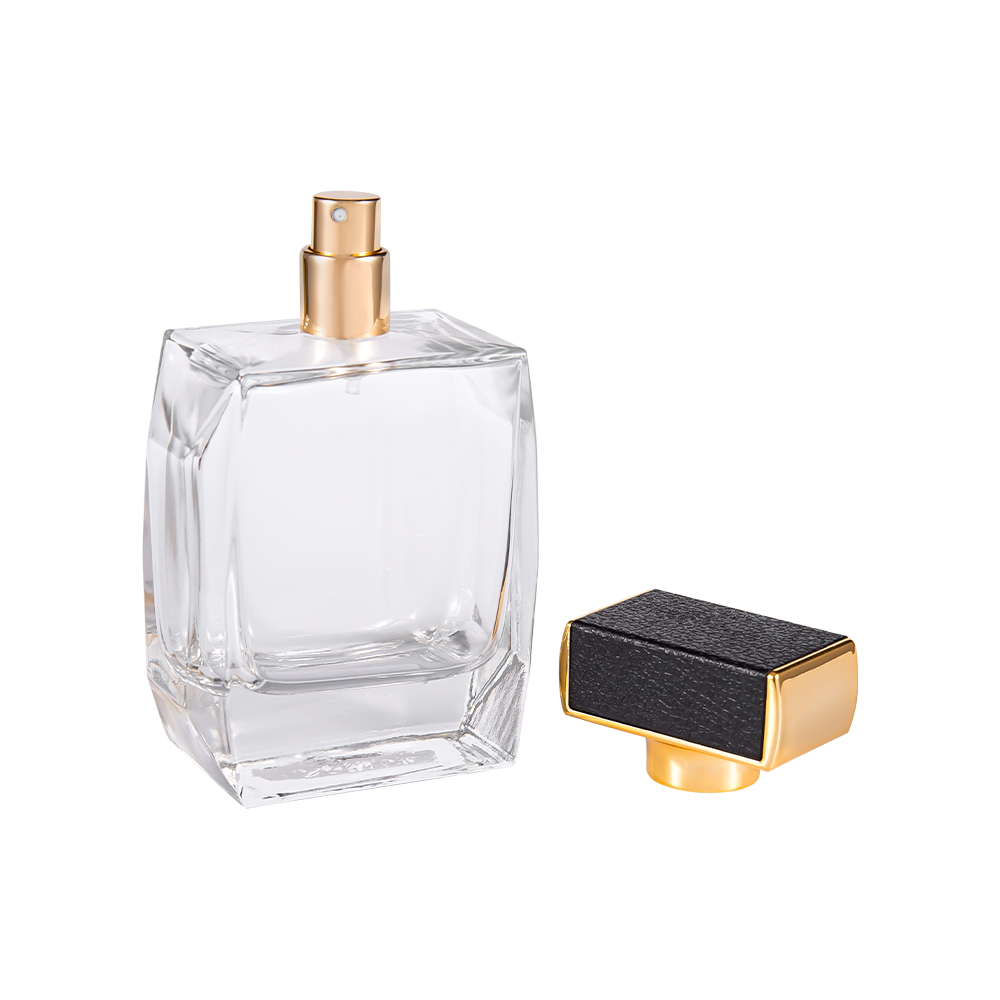 بطری عطر شیشه ای شفاف KY1092-WJ2092 100ML با روکش پلاستیکی چرمی و قطعات روکش طلا UV