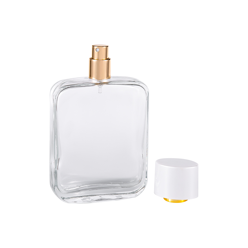 بطری عطر شیشه ای شفاف GC4840-WJ2162 100ML با درپوش پلاستیکی Pp سفید روشن و روکش طلایی UV