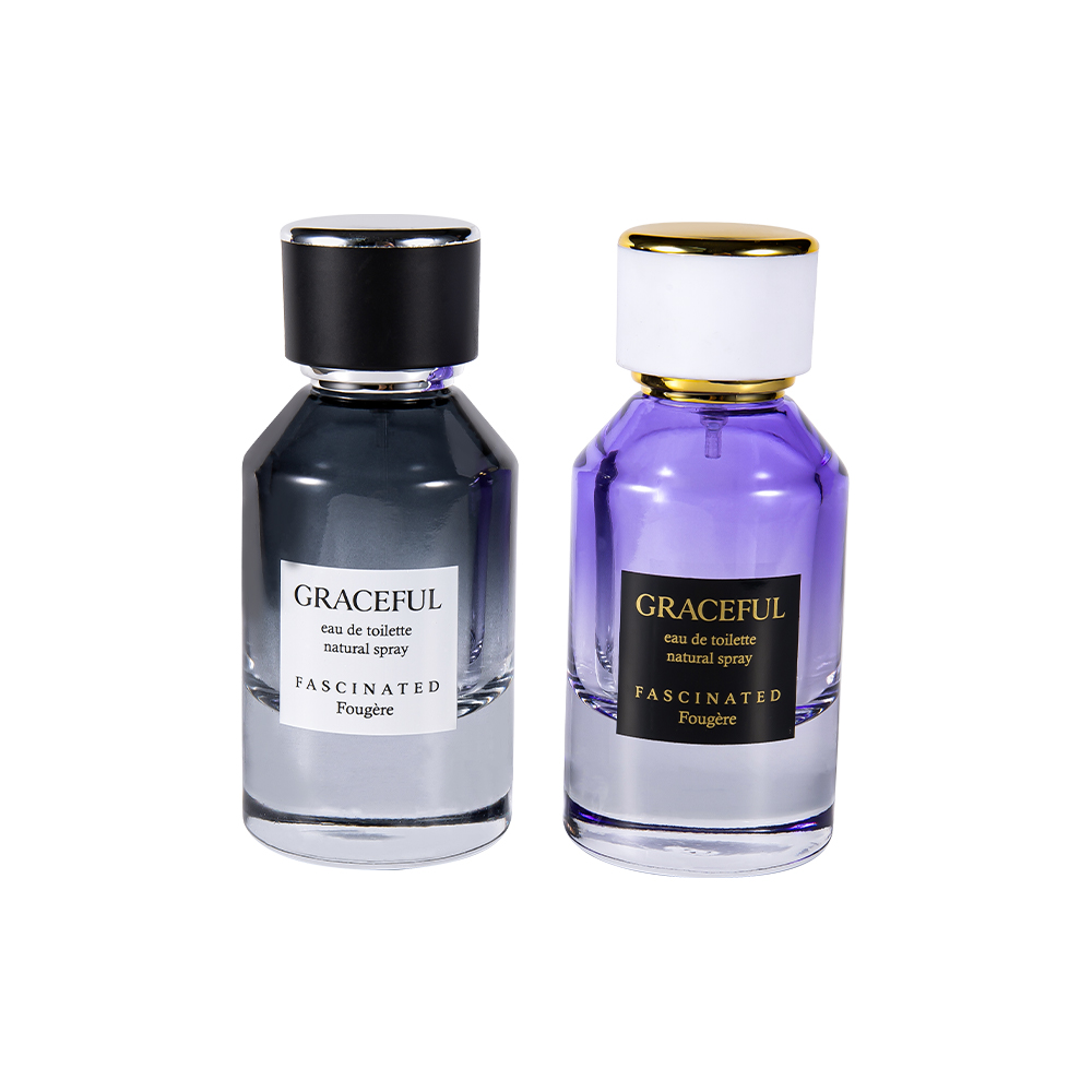 بطری عطر شیشه ای چاپ شده با پوشش 50ML GC4416-WJ2098 با چرم، درپوش پلاستیکی ABS، روکش PP ضد UV