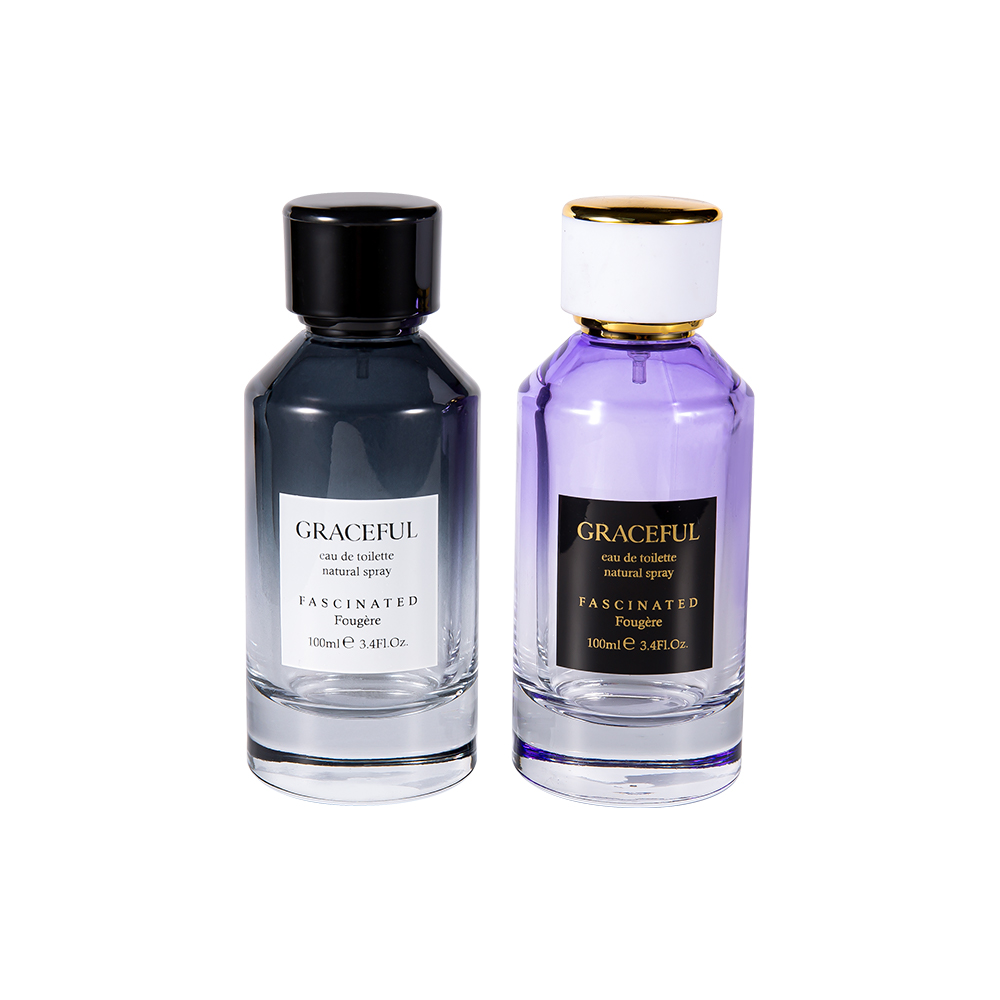 بطری عطر شیشه ای چاپ شده با پوشش رنگی 100ML GC4418-WJ2098 با درپوش پلاستیکی ABS چرمی و آستر UV PP