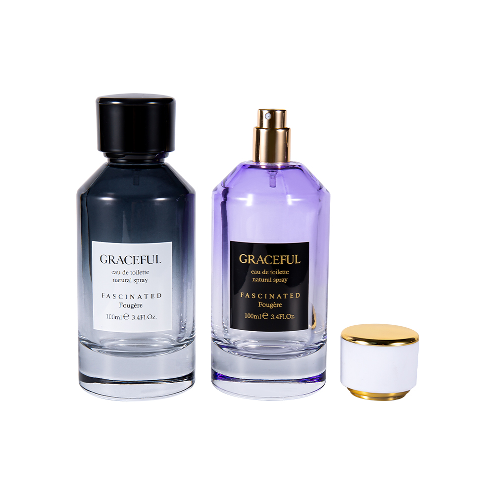 بطری عطر شیشه ای چاپ شده با پوشش رنگی 100ML GC4418-WJ2098 با درپوش پلاستیکی ABS چرمی و آستر UV PP