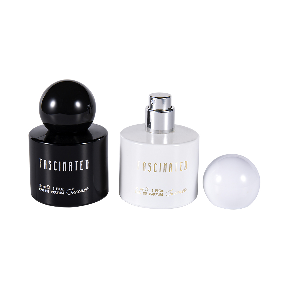بطری عطر شیشه ای شیشه ای با روکش استوانه ای GC4748-WJ2537 30ML با درپوش پلاستیکی کروی ABS PP