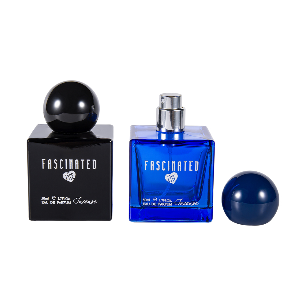 بطری عطر شیشه ای چاپ شده رنگی مکعبی 50ML KY145-WJ2537 با درپوش پلاستیکی کروی UV