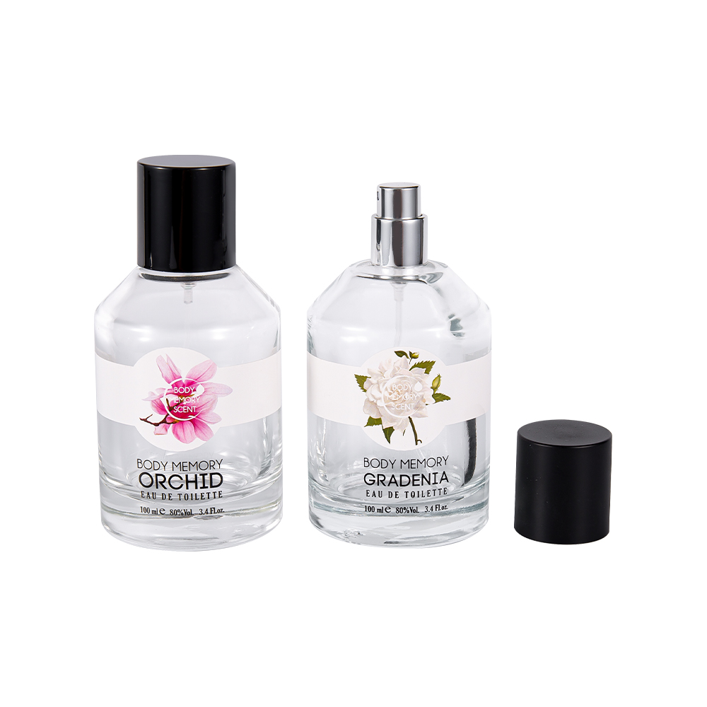 بطری عطر شیشه ای برچسب چاپی KY1603-WJ2388 100ML با درپوش PP مشکی مات براق استوانه ای