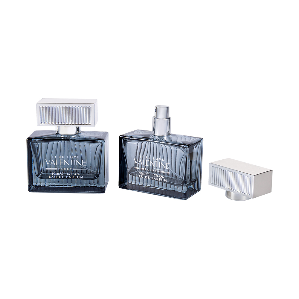 بطری عطر شیشه ای راه راه عمودی 50ML KY1111-WJ2092 با نوار پوشش پلاستیکی UV ABS