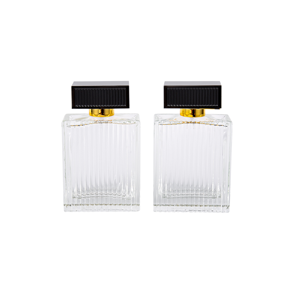 بطری عطر شیشه ای راه راه عمودی 100ML KY1112-WJ2092 با نوارهای پوشش پلاستیکی Abs