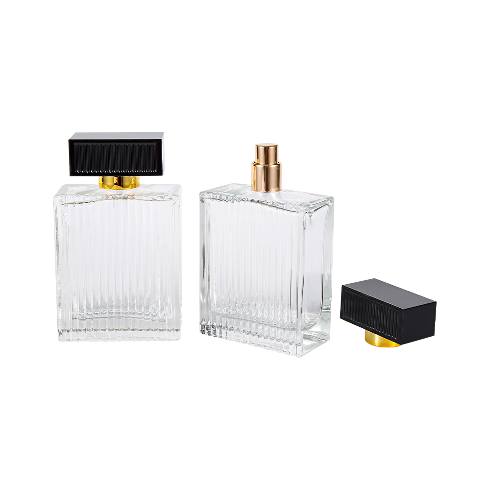 بطری عطر شیشه ای راه راه عمودی 100ML KY1112-WJ2092 با نوارهای پوشش پلاستیکی Abs