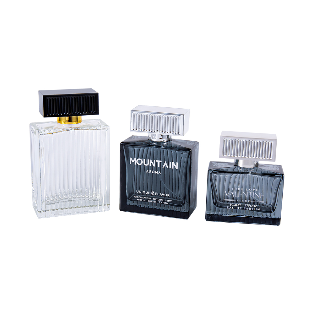 بطری عطر شیشه ای راه راه عمودی 80ML GC4311-WJ2092 با روکش نوارهای پلاستیکی ABS