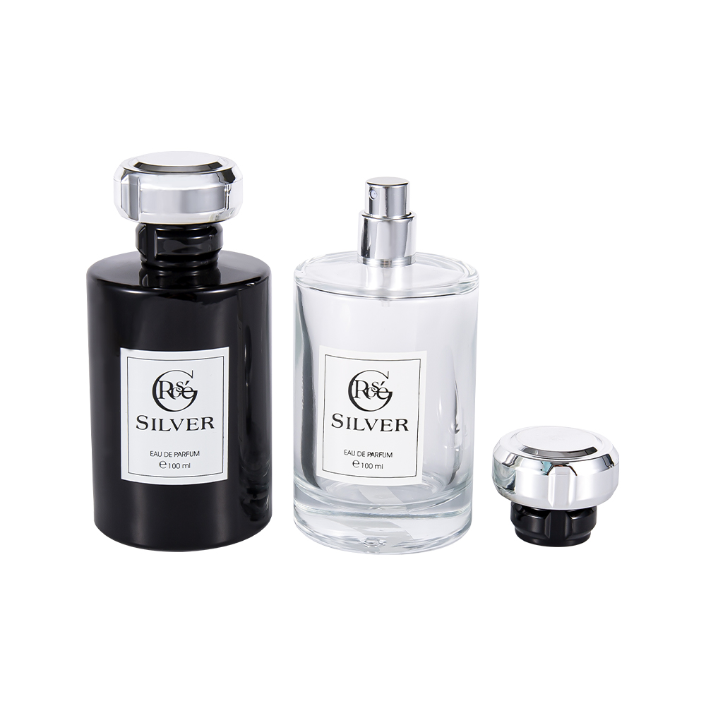 بطری عطر شیشه ای با روکش مشکی براق KY1601-WJ2432 100ML با درپوش عطر پلاستیکی نقره ای UV