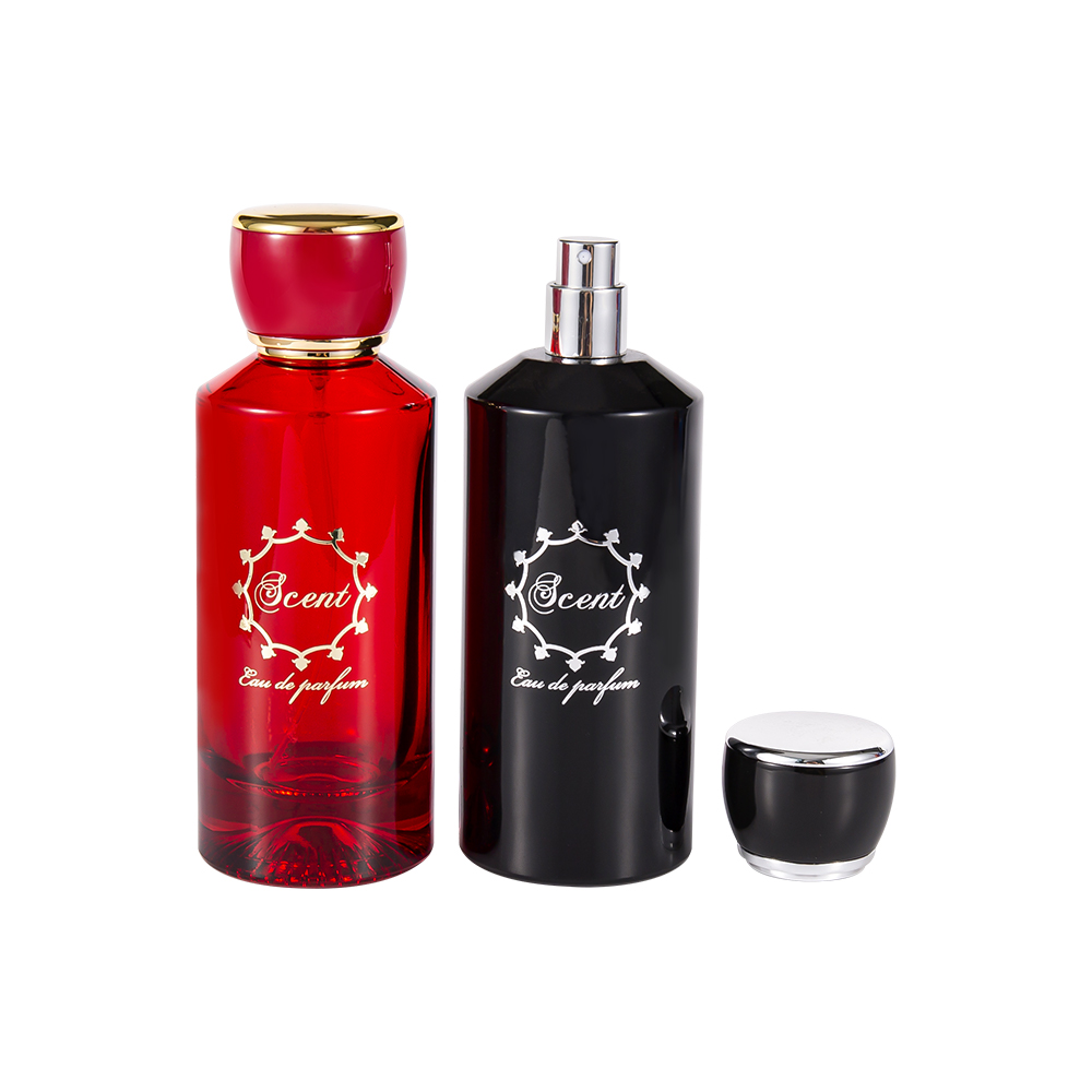 شیشه عطر طرح دار GC4406-WJ2071 100ML با درپوش عطر گرد پلاستیکی ABS قرمز روشن و مشکی